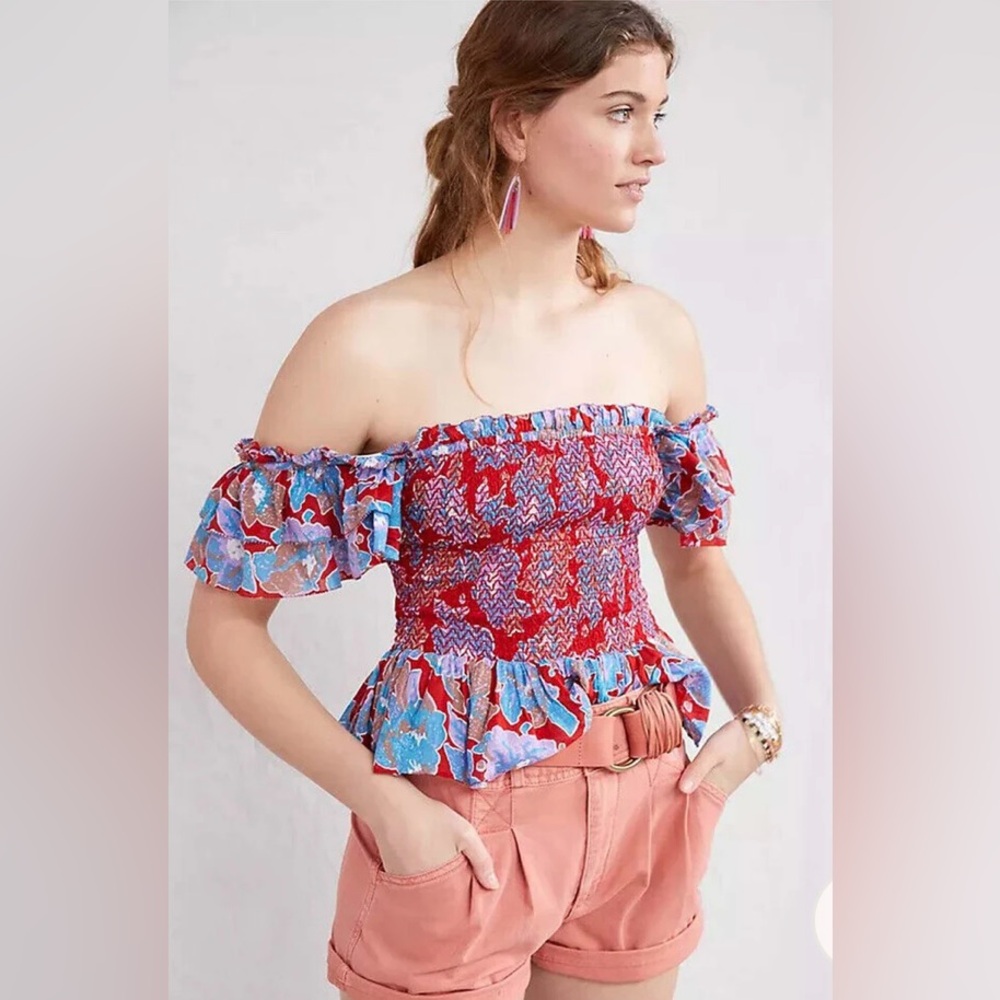 Anthropologie Love the Label Smocked Ruffle Cropped Top